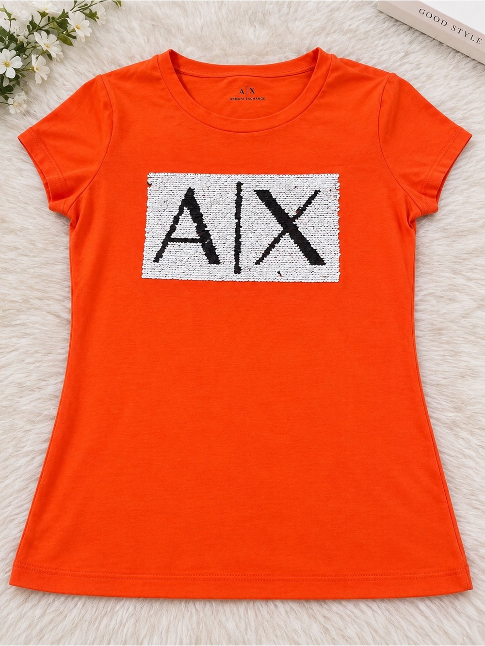 A|X Armani Exchange Orange Sequin Logo T-Shirt – Size M ✨